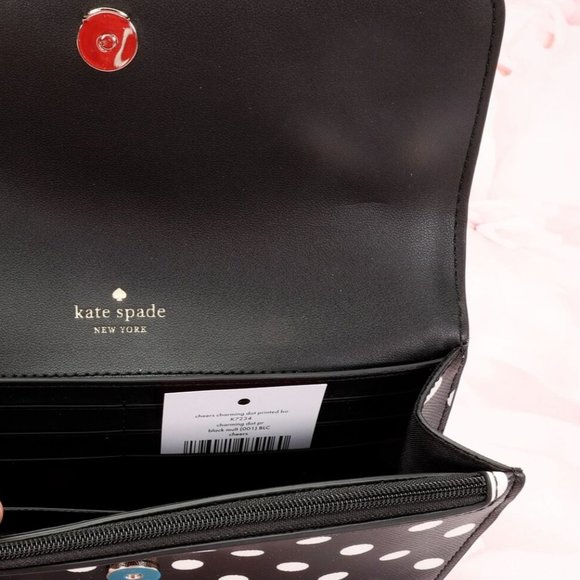 Kate Spade Women's Cheers Phone Wallet Black/White Polka Dot Leather W/Gift Box - Picture 6 of 10